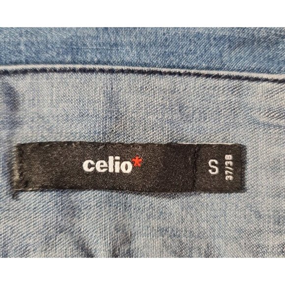 celio Womens Button Up Shirt Size S Blue Chambray Long Sleeve Curve Hem   44P - Picture 5 of 7